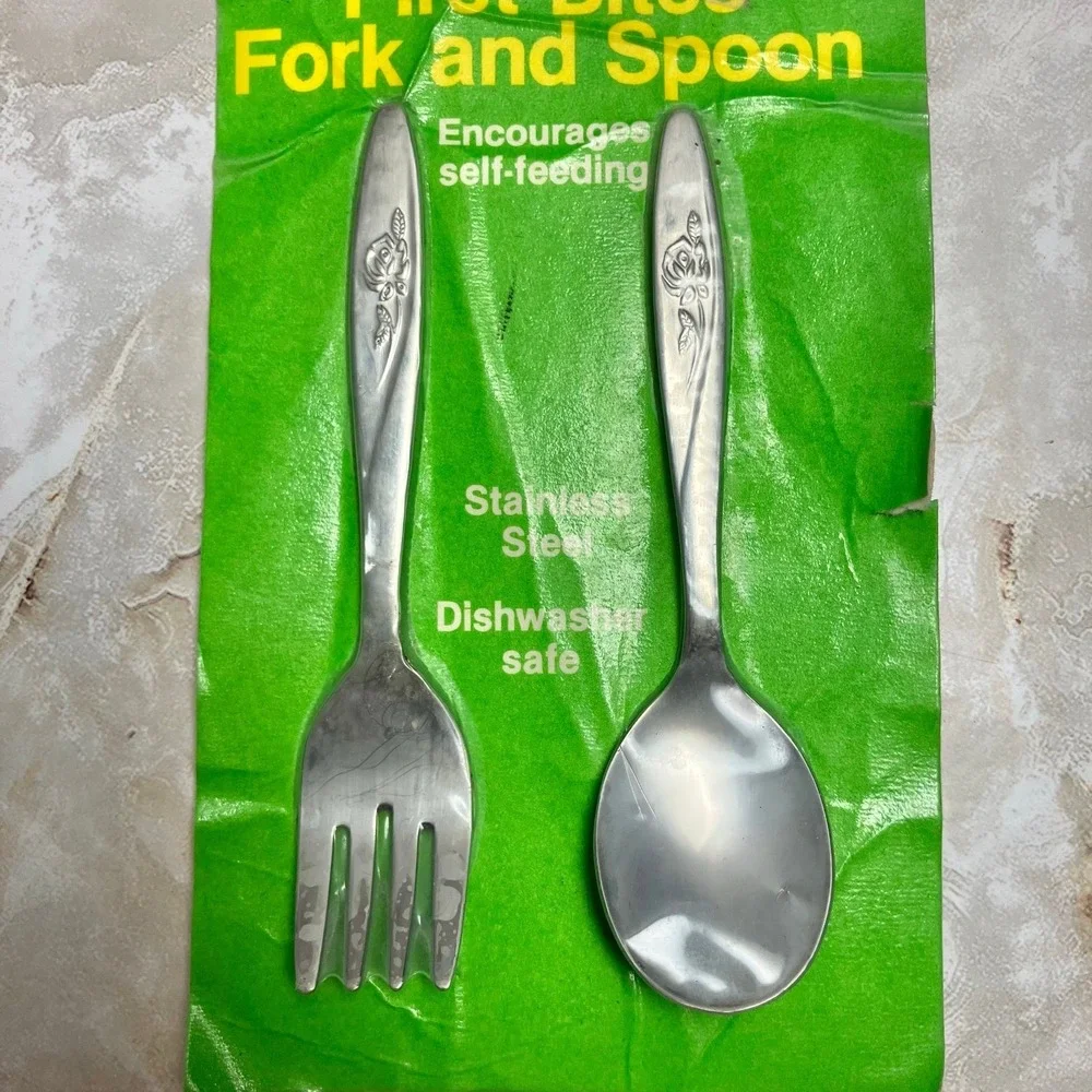 VTG Evenflo First Bites baby fork & spoon set stainless steel rose design NEW